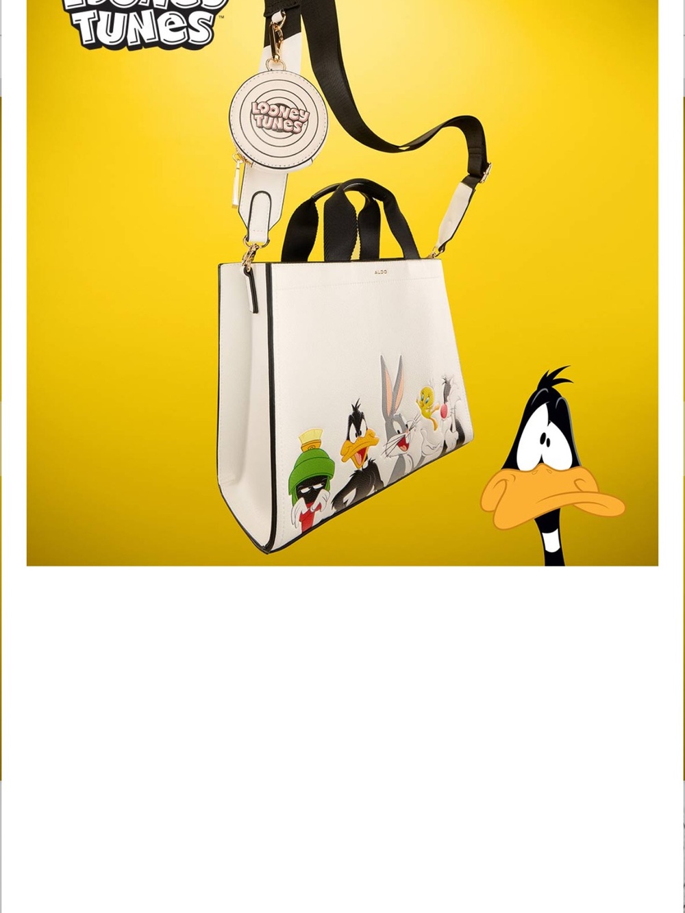 Aldo White Tote with Looney Tunes Character Print and Black Strap